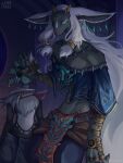 2025 anthro big_ears blue_eyes clothed clothing duo ear_piercing hair hi_res horn jewelry long_hair looking_at_viewer male mammal mask midriff nintendo nurinaki piercing rauru_(tears_of_the_kingdom) slim_anthro slim_male smile tears_of_the_kingdom the_legend_of_zelda white_hair zonai