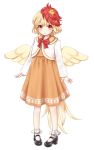  1girl animal animal_on_head bangs bird black_footwear blonde_hair bobby_socks bow bowtie chick commentary_request dress dtvisu feathered_wings full_body high_heels highres long_sleeves looking_at_viewer mary_janes multicolored_hair niwatari_kutaka on_head orange_dress red_bow red_eyes red_hair red_neckwear shirt shoes short_hair simple_background socks solo standing tail_feathers touhou two-tone_hair white_background white_legwear white_shirt wings yellow_wings 