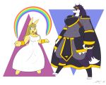  absurd_res armor blue_eyes canid canine canis cape chainmail clothed clothing dress duo female fur hi_res lagomorph leporid long_ears mac-daddy_(artist) mammal open_mouth rabbit red_eyes size_difference white_fur wolf yellow_fur 