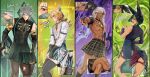  4boys abs absurdres ahoge alhaitham_(genshin_impact) animal_ear_fluff animal_ears arm_strap armlet artist_name asymmetrical_sidelocks asymmetrical_sleeves back bare_shoulders bishounen black_choker black_gloves black_hair black_nails black_shirt black_sleeves blonde_hair blue_feathers blunt_ends blush book brown_eyes chest_jewel choker closed_mouth compression_shirt crossdressing crossed_legs cyno_(genshin_impact) dark-skinned_male dark_skin detached_sleeves earrings embarrassed english_text feather_hair_ornament feathers feet_out_of_frame fishnet_pantyhose fishnets fox_boy fox_ears fox_tail from_side gem genius_invokation_tcg genshin_impact gloves green_background green_eyes green_gemstone green_hair green_tail grey_hair hair_between_eyes hair_ornament hair_over_one_eye highres holding holding_book jewelry kaveh_(genshin_impact) kneehighs long_hair long_sleeves looking_at_viewer male_focus medium_hair multicolored_eyes multicolored_hair multiple_boys muscular muscular_male nail_polish naya_(onaxart) nipples open_mouth pantyhose partially_fingerless_gloves pectorals plaid_clothes plaid_skirt pointing pointing_at_viewer purple_background red_eyes shirt short_hair short_sleeves signature single_bare_shoulder skirt skirt_tug socks streaked_hair tail teeth thigh_strap thighhighs thighs tighnari_(genshin_impact) toned toned_male tongue topless_male torn_clothes torn_thighhighs upper_teeth_only usekh_collar white_hair white_shirt yellow_background 