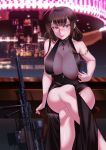  1girl absurdres ahoge areolae armlet bangs bar bare_shoulders blunt_bangs blush breasts brown_hair choker cleavage collarbone crossed_legs dress dsr-50_(girls_frontline) dsr-50_(weapon) eyebrows_visible_through_hair gem girls_frontline highres huge_breasts indoors long_hair looking_at_viewer nipples nose_blush parted_lips radrick0 red_eyes see-through side_slit sitting smile solo very_long_hair weapon 