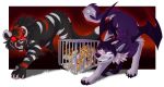  2017 black_fur canid canine canis citrinelle claws digital_media_(artwork) felid feline feral fur group hair hybrid lynx mammal open_mouth pantherine paws purple_fur purple_nose red_hair simple_background spots spotted_fur standing striped_fur stripes tan_fur teeth tiger tongue wings wolf 