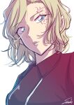  1girl artist_name asymmetrical_hair blue_eyes brown_hair burn_scar floating_hair highres jacket looking_to_the_side meitantei_conan portrait red_jacket scar short_hair signature simple_background solo sooma4869 wavy_hair white_background yelenika_lavrentyeva 