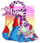  2017 anthro blue_fur canid canine canis citrinelle digital_media_(artwork) domestic_dog duo felid female fur hair lying male mammal on_back pantherine purple_eyes red_eyes red_hair striped_fur stripes tiger 