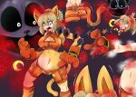 alarmed anthro blonde_hair blue_eyes bodily_fluids bottomwear breasts cat_tail catnap_(poppy_playtime) cleavage_cutout clothing cutout duo fangs feline_ears female fur gloves hair handwear living_toy male medium_breasts metroid mob_entertainment nageruamado nintendo orange_body orange_fur ponytail poppy_playtime purple_body purple_fur red_smoke samus_aran shorts smiling_critters smoke species_transformation sweat sweatdrop teeth transformation