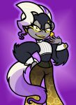 2025 5_fingers anthro arm_tuft black_body black_eyebrows black_fur bottomwear brown_bottomwear brown_clothing brown_pants button_(fastener) captainquack64 claws clothed clothed_anthro clothed_female clothing colored crop_top cuffs_(clothing) digital_drawing_(artwork) digital_media_(artwork) donkey_kong_bananza ear_piercing elbow_tuft english_description eyebrows eyewear female female_anthro finger_claws fingers fluffy fluffy_tail fully_clothed fully_clothed_anthro fully_clothed_female fur glasses glowing glowing_body grey_body grey_eyelids grey_skin hair half-closed_eyes haplorhine hi_res highlights_(coloring) light lighting lips long_tail looking_at_viewer mammal midriff monkey multicolored_body multicolored_hair multicolored_tail narrowed_eyes pants piercing portrait primate purple_claws purple_highlights purple_tail shirt short_hair simple_background smile smiling_at_viewer solo tail three-quarter_portrait toothy_smile topwear tuft two_tone_body two_tone_hair unnamed_character white_clothing white_crop_top white_hair white_tail white_topwear yellow_eyes yellow_eyewear yellow_glasses yellow_lips