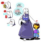 1:1 2019 anthro belly blue_clothing boss_monster_(undertale) bovid brown_hair caprine clothing elemental_creature english_text female flora_fauna flower flower_creature flowey_the_flower frisk_(undertale) fur goat group hair human male mammal nightmarebros oral_vore plant shyguy9 simple_background speech_bubble text toriel trio undertale undertale_(series) vore white_background white_body white_fur