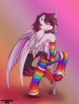  2019 anthro armband balls biped clothed clothing collar digital_drawing_(artwork) digital_media_(artwork) equid equine feathered_wings feathers fluffy fur hair iridium_gloom legwear looking_at_viewer male mammal neothedragon nude pterippus rainbow simple_background smile solo stockings wings 
