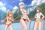  &gt;_&lt; 404_(girls_frontline) 4girls :d bikini black_bikini blue_sky breasts brown_eyes brown_hair chain-link_fence cleavage cloud cloudy_sky collarbone commentary cross_hair_ornament day fence front-tie_top g11_(girls_frontline) girls_frontline green_eyes grey_hair hair_ornament hairclip halterneck highres hk416_(girls_frontline) kurisu-kun large_breasts lens_flare long_hair looking_at_another lying medium_breasts multiple_girls navel on_side one_side_up open_mouth orange_bikini outdoors scar scar_across_eye school_swimsuit see-through shirt short_sleeves side-tie_bikini silver_hair sky sleeping smile standing stomach sunlight swimsuit thighs twintails ump45_(girls_frontline) ump9_(girls_frontline) wet wet_clothes wet_shirt white_shirt xd yellow_bikini 