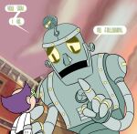 2018 4_fingers ambiguous_gender clothing cuphead_(game) dialogue digital_drawing_(artwork) digital_media_(artwork) dr._kahl duo facial_hair fingers gloves hair handwear hi_res human killb94_(artist) looking_down machine male mammal mustache robot sad scientist text the_iron_giant