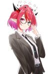  1girl absurdres adjusting_eyewear akamiya_mumu alternate_costume black_horns black_jacket black_necktie black_pants black_suit blue_hair cowboy_shot cross-shaped_pupils double_halo glasses halo highres hololive hololive_english horns irys_(hololive) jacket necktie pants purple_eyes purple_hair red_hair semi-rimless_eyewear shirt simple_background solo suit symbol-shaped_pupils under-rim_eyewear virtual_youtuber white_background white_shirt 