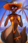  2019 anthro beach bikini canid canine clothing eyewear female glasses hat headgear headwear hi_res looking_at_viewer mammal outside seaside sling_bikini smile solo standing stesha_di swimwear thick_thighs wide_hips 