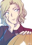  1girl artist_name asymmetrical_hair blonde_hair burn_scar closed_mouth elbow_rest hand_on_own_cheek hand_on_own_face highres holding holding_pumpkin jack-o&#039;-lantern jacket light_smile long_sleeves looking_to_the_side meitantei_conan portrait pumpkin red_jacket scar short_hair signature simple_background solo sooma4869 wavy_hair white_background yelenika_lavrentyeva 