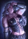  1girl absurdres arm_wrap black_corset breasts cleavage corset cross-laced_clothes cross-laced_top dorohedoro ear_piercing highres long_hair muscular muscular_female noi_(dorohedoro) numanoan piercing red_eyes removing_mask solo teeth white_hair 