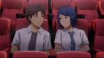  1boy 1girl a_space_for_the_unbound ahoge atma_(a_space_for_the_unbound) blue_eyes breasts brown_eyes brown_hair brown_shoes commentary_request highres indonesian_commentary laillnii medium_breasts movie_theater open_mouth raya_(a_space_for_the_unbound) shoes short_hair short_sleeves sitting smile 
