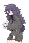  1girl absurdres black_dress bottle breast_milk breasts citizen_k_(pngj5475) clothes_lift covered_nipples cowboy_shot dress dress_lift female_pubic_hair hex_maniac_(pokemon) highres huge_breasts lactation lactation_through_clothes long_hair looking_at_viewer messy_hair milk_bottle no_bra no_panties parted_lips pokemon pokemon_oras pubic_hair purple_eyes purple_hair pussy_juice simple_background solo white_background 