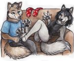  canid canine canis clothing duo feathers foot_fetish legwear mammal shiverz socks sofa tickling wolf 