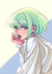  1boy androgynous blonde_hair cravat ear_piercing earrings green_hair highres jewelry lio_fotia looking_at_viewer male_focus open_mouth piercing promare purple_eyes runatako tongue tongue_out tongue_piercing 
