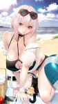  1girl all_fours apple azitama_atsushi_(attyuu) azur_lane bare_shoulders beach beach_towel bikini black_bikini black_cat blue_sky breasts cat cellphone cleavage_cutout cloud collarbone commentary_request eyewear_on_head food fruit highres huge_breasts innertube leg_garter looking_at_viewer manjuu_(azur_lane) ocean outdoors phone picnic_basket short_hair signature sirius_(azur_lane) sirius_(midsummer_seirios)_(azur_lane) sky smartphone solo sunglasses swimsuit towel white_hair yellow_eyes 