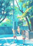  &gt;_o 3girls absurdres aioi_yuuko arm_up black_cat black_hair blue_hair book brown_eyes brown_hair cat cube_hair_ornament expressionless fence hair_ornament highres holding holding_book house jacket long_hair long_sleeves minakami_mai morning multiple_girls naganohara_mio nichijou one_eye_closed open_book open_mouth outdoors plaid_clothes plaid_skirt pleated_skirt reading red_skirt road running sailor_collar sakamoto_(nichijou) school_uniform short_hair short_twintails skirt smile standing street sugita_magari tokisadame_school_uniform tree twintails walking waving white_sailor_collar yellow_jacket 