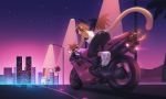  2018 absurd_res anthro brown_fur brown_hair clothed clothing detailed_background digital_media_(artwork) female fumiko fur hair hi_res mammal monkey motorcycle night outside primate sky smile solo star starry_sky synthwave vaporwave vehicle 