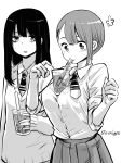 2girls bangs between_breasts blush bra breasts bubble_tea bubble_tea_challenge commentary_request cup disposable_cup drinking drinking_straw greyscale hair_between_eyes hana_(mieruko-chan) highres holding holding_cup izumi_(toubun_kata) large_breasts long_hair long_sleeves mieruko-chan miko_(mieruko-chan) monochrome multiple_girls necktie school_uniform see-through shirt short_hair simple_background sketch skirt twitter_username underwear upper_body white_background 