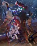  1girl absurdres amate_yuzuriha aqua_eyes boots collared_shirt colony_interior commentary full_body gquuuuuux gundam gundam_gquuuuuux haro highres looking_at_viewer mecha mobile_suit necktie night nurumi_p red_hair robot school_uniform shirt short_hair sitting skirt sweater 