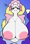 angry anthro areola big_breasts blue_eyes blush blush_lines breasts cleavage clothed clothing eyebrows female frown_eyebrows frowning_at_viewer generation_7_pokemon hi_res huge_breasts makeup mascara moody nintendo pink_areola pirpole_haze pokemon pokemon_(species) primarina solo tail white_body