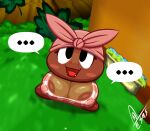 areola big_breasts black_eyes breasts brown_areola brown_body clothing ellipsis female goomama goomba huge_breasts kerchief looking_at_viewer mario_bros nintendo nipple_outline not_furry open_mouth paper_mario shirt solo speech_bubble supermoonshroom topwear waddling_head
