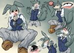 anthro beastars blush breast_grab breasts bulge canid canine canis clothing daydream female fur gender_transformation grey_body grey_eyes grey_fur hand_on_breast haru_(beastars) lagomorph legoshi_(beastars) leporid male mammal mtf_transformation multicolored_body multicolored_fur nageruamado open_mouth oversized_clothing rabbit rabbit_ears scut_tail self_grope short_tail simple_background solo species_transformation steam tail transformation white_body white_fur wolf