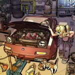  1girl animal breasts cat commentary commission dated engine english_commentary garage green_eyes hair_between_eyes hair_intakes leaning_forward license_plate mazda mazda_mx-5 mechanic necosuke open_car_hood open_mouth original overalls_pull ponytail shoes small_breasts socket_wrench solo steering_wheel unused_tire vehicle_focus wrench 