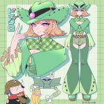  1boy 1girl animal animalization artist_name beard belt bigro black_eyes black_hair black_jacket blonde_hair boots breasts brown_belt cat chaps character_name cleavage cleavage_cutout clothing_cutout colored_sclera cosplay cowboy_hat cropped_jacket cropped_torso cutoffs denim denim_shorts eyeshadow facial_hair frilled_sleeves frills full_body gingham gingham_leotard gloves green_boots green_chaps green_eyeshadow green_gloves green_hat green_helmet green_jacket green_leotard green_nails green_shorts grid_background gundam hat hat_ornament heart helmet highleg highleg_leotard highres jacket leotard long_sleeves looking_at_another looking_at_viewer makeup mecha medium_breasts mobile_armor mobile_suit_gundam multiple_views nail_polish one-eyed pink_eyes purple_sclera red_eyes robot rx-78-2_gundam scar scar_on_face seductive_smile shira_neri short_hair short_shorts shorts skull_belt skull_hat_ornament sleeves_past_wrists smile standing tokwan translated whiskers yellow_sclera zakrello zeon 