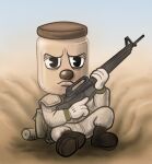 2018 ambiguous_gender bag boots camo clothing container cuphead_(game) desert digital_drawing_(artwork) digital_media_(artwork) footwear for_a_head gloves gun handwear humanoid jar killb94_(artist) m14 male male/ambiguous military military_uniform object_head ranged_weapon rifle sand shoes soldier solo uniform warrior weapon