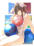  1girl absurdres ball beachball black_hair blue_sky blush border breasts bun_cover cloud double_bun fate/grand_order fate_(series) green_eyes highres large_breasts looking_at_viewer mithurugi-sugar ocean one-piece_swimsuit palm_tree qin_liangyu_(fate) short_hair sideboob sky smile solo swimsuit tree twitter_username white_border white_swimsuit 