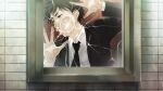  1boy against_glass against_window black_eyes black_hair black_jacket black_necktie black_pants breast_pocket broken_glass chaos;child chaos;child_love_chu_chu!! clenched_teeth collared_shirt crack cracked_glass face_against_glass game_cg glass highres jacket kakita_hironori lapels looking_to_the_side necktie non-web_source notched_lapels official_art palms pants pocket sasaki_mutsumi shirt short_hair solo teeth tile_wall tiles v-shaped_eyebrows very_short_hair window 