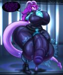 2025 anthro balls big_balls big_breasts big_bulge big_penis black_speech_bubble bodily_fluids breasts bulge cum english_text eyebrows fingers genital_fluids genitals gynomorph hair hi_res horn huge_balls huge_breasts huge_bulge huge_hips huge_penis hyper hyper_balls hyper_bulge hyper_genitalia hyper_penis intersex matti_(nightlyflare) nightlyflare penis purple_body purple_eyes purple_hair purple_skin purple_tail purple_text scalie solo tail text wide_hips