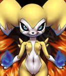  2019 anthro black_sclera blue_eyes breasts claws digimon digimon_(species) dipstick_ears fak&eacute;mon fan_character fangs female fire flat_chested fur furball gloves_(marking) hybrid impmon looking_at_viewer magic markings multicolored_ears multicolored_fur navel nipples nude pussy renamon renimpmon short_stack small_breasts smile solo two_tone_fur wide_hips 