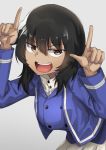  1girl andou_(girls_und_panzer) bangs bc_freedom_military_uniform black_hair blue_jacket blue_vest brown_eyes commentary dark_skin dress_shirt eyebrows_visible_through_hair finger_horns girls_und_panzer grey_background half-closed_eyes hamita1220 high_collar highres jacket leaning_forward long_sleeves looking_at_viewer medium_hair messy_hair military military_uniform open_mouth pleated_skirt pointing pointing_up shirt skirt smirk solo standing uniform upper_body vest white_shirt white_skirt 