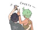  2boys bangs_pinned_back black_hair cellphone_charm charm_(object) cove_holden curtained_hair english_text flustered from_behind ghost_print green_hair grin hand_on_another&#039;s_back holding holding_phone main_character_(our_life) multiple_boys our_life:_beginnings_and_always outstretched_hand phone ryuuieu selfie smile taking_picture tank_top upper_body v watch white_background wristwatch 
