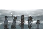  5girls amagi_yukiko black_hair black_pants black_sailor_collar black_skirt brown_hair closed_eyes collarbone doujima_nanako dress holding_shoe k1kiwa kujikawa_rise long_hair medium_hair multiple_girls ocean open_mouth pants persona persona_4 persona_4_revival red_shirt sailor_collar satonaka_chie shirogane_naoto shirt shoes short_hair skirt smile twintails unworn_shoes waving white_dress white_shirt 
