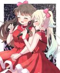  2girls :d ^_^ bare_shoulders blonde_hair blue_hair blush border bow breasts brown_hair closed_eyes commentary_request cowboy_shot do!_do!_do!_(love_live!) dress frilled_dress frills fujishima_megumi fur-trimmed_dress fur_trim glowstick gradient_hair hair_bow hair_intakes highres holding holding_microphone katanashi_(ktnsh_popu) large_breasts link!_like!_love_live! long_hair love_live! microphone mira-cra_park! multicolored_hair multiple_girls open_mouth osawa_rurino outside_border penlight_(glowstick) pink_bow red_dress red_thighhighs short_dress sleeveless sleeveless_dress smile thighhighs two_side_up virtual_youtuber white_border 