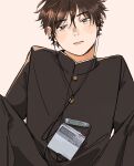 1boy black_hair black_jacket black_pants blush brown_eyes coincoinco digital_media_player ear_piercing earbuds earphones earrings eyebrow_stubble gakuran head_tilt highres jacket jewelry knees_up light_blush looking_at_viewer male_focus multiple_earrings narrowed_eyes nose_blush object_request orange_background pants piercing school_uniform short_hair simple_background solo spread_legs tennis_no_ouji-sama wispy_bangs zaizen_hikaru 