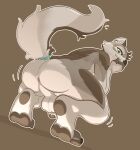absurd_res anthro anus backsack balls big_butt blue_eyes brown_background brown_body brown_fur brown_glans brown_pawpads butt canid canine canis crouching dutch_angle ear_piercing elias_vendarien fingerless_(marking) flaccid fluffy fluffy_tail foreskin fur galileogb_(artist) gauged_ear genitals glans grey_body grey_fur hi_res humanoid_genitalia humanoid_penis looking_at_viewer looking_back looking_down male mammal partially_retracted_foreskin pawpads penis perineum piercing pink_anus pupils rear_view simple_background smile solo tail white_balls white_body white_fur white_penis white_perineum wolf