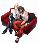  2boys absurdres alternate_costume asura_(onmyoji) bishounen black_choker black_hair blonde_hair bottle choker closed_mouth commentary_request couch full_body green_eyes highres holding holding_bottle jewelry konsai_2 long_hair long_sleeves looking_at_viewer male_focus multicolored_hair multiple_boys muscular muscular_male necklace no_facial_mark no_tattoo onmyoji pectorals red_couch red_hair shirt short_hair simple_background sitting streaked_hair taishakuten_(onmyoji) tank_top two-tone_hair upper_body v-neck water_bottle white_background white_shirt white_tank_top 