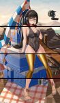  absurdres arm_support armpit_crease ass_visible_through_thighs bare_shoulders beach beach_umbrella black-framed_eyewear black_hair black_leotard blue_sky blush bottle boulder box breasts brown_eyes bunting can chinese_commentary cleavage closed_mouth closed_umbrella cloud commentary_request cooler covered_navel drawstring drink_can earrings english_commentary eve_(stellar_blade) full_body glasses gold_thighhighs groin hand_on_own_chest high_heels high_ponytail highleg highleg_leotard highres hill hood hood_down hooded_leotard jewelry jfzm001 lace leaning_back leotard long_hair looking_at_viewer looking_to_the_side medium_breasts mixed-language_commentary on_box outdoors picnic_blanket pigeon-toed ponytail round_eyewear sideways_glance sitting sitting_on_box sky sleeveless smile stellar_blade stiletto_heels straight_hair string_of_flags swept_bangs thighs tree umbrella unzipped variant_set wooden_floor zipper zipper_pull_tab 