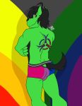  2019 absurd_res anthro bisexual_pride_colors bottomwear butt canid canine canis clothed clothing digital_media_(artwork) domestic_dog fur hair hi_res husky lgbt_pride looking_at_viewer male mammal nordic_sled_dog pose pride_colors rainbow rainbow_flag rainbow_flag_(pride) rainbow_pride_flag rainbow_symbol simple_background smile solo spitz standing sylvanedadeer tattoo topless underwear 