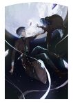  22kolink 2boys blue_hair border cape coat dual_persona eye_contact floating full_body gem hat highres holding_hands long_sleeves looking_at_another mahoutsukai_no_yakusoku male_focus moon multiple_boys murr_hart night night_sky pants ribbon shirt short_hair sky star_(sky) starry_sky 