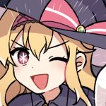  1girl ;d bad_link blonde_hair dot_nose hair_between_eyes hairband hat light_blush little_witch_nobeta long_hair looking_at_viewer lowres nobeta nobeta_(witch_skin) official_art one_eye_closed open_mouth portrait red_eyes red_hairband sidelocks smile solo triangle_mouth v-shaped_eyebrows witch_hat 