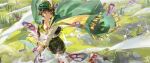  1girl absurdres belt belt_pouch black_shorts black_vest brown_belt brown_hair cape cloud cowboy_shot floating_cape ghost giant giantess grass green_cape green_eyes green_hat hat hat_feather highres holding holding_notebook holding_quill looking_at_viewer mole mole_under_eye newsboy_cap notebook open_clothes open_vest pantyhose pouch quill recoleta_(reverse:1999) reverse:1999 river sheep shirt short_hair short_shorts shorts smile solo sparkle tree vest white_pantyhose white_shirt yi_fen_ta 