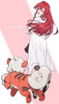  1girl 6tnut9 :d ange_katrina ange_katrina_(4th_costume) animal artist_name black_shoes blue_eyes coat commentary_request crossed_bangs from_behind full_body grey_pantyhose hair_over_shoulder hand_up high_heels hisuian_growlithe horns lab_coat long_hair long_sleeves looking_at_animal miniskirt nijisanji open_mouth orange_fur pantyhose pink_background pleated_skirt pokemon pokemon_(creature) red_hair shoes single_horn skirt smile striped_fur turning_head two-tone_background very_long_hair virtual_youtuber white_background white_coat white_tail 